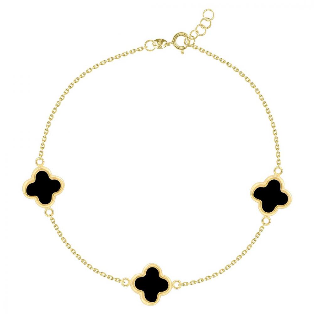 Black four-leaf clover charm bracelet in 18K gold chain