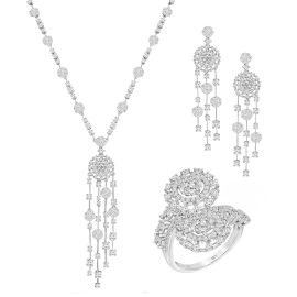 18K White Gold Coronet Diamond Drizzle Chandelier Necklace Set 