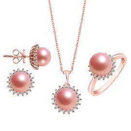 Pink pearl and diamond halo pendant set in rose gold