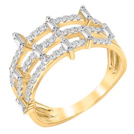 Three-Row Round and Baguette Diamond Ring in 14K Yellow Gold 