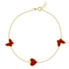Red Butterfly & Heart 18K Gold Chain Bracelet 