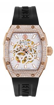 Bentley Automatic Watch for Men – Rose Gold Case with White Sapphires, White Dial & Black Rubber Strap