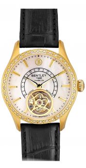 Bentley Black Genuine Leather Strap Diamond Watch With White MOP Dial