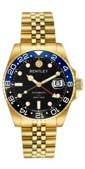 Bentley Sea God Warriors GMT Automatic Watch – Black Dial, Black & Blue Ceramic Bezel, Gold Tone Stainless Steel -BL2335-15MKBI-BN