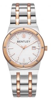 Bentley classic style rose gold and silver two-tone stainless steel watch with white dial. 