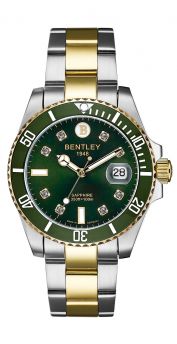 Bentley two-tone stainless steel watch with green bezel and dial
