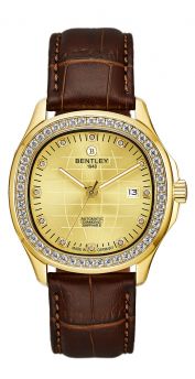 Bentley Industrial Ultimate Diamond Automatic Watch – Gold Dial with Brown Leather Strap