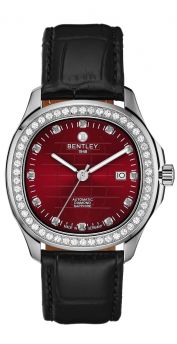 Bentley Industrial Ultimate Diamond Automatic Watch Stainless Steel with Brick red Dial & Black Leather Strap