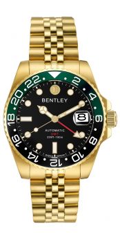 Bentley Sea God Warriors GMT Automatic Watch – Black Dial, Black & Green Ceramic Bezel, Gold Tone Stainless Steel -BL2335-15MKBI-BG