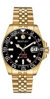 Bentley Sea God Warriors GMT Automatic Watch – Black Dial, Black Ceramic Bezel, Gold Tone Stainless Steel -BL2335-15MKBI