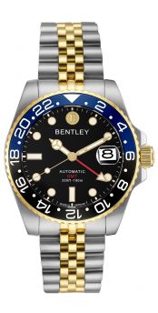 Bentley Sea God Warriors GMT Automatic Watch – Black Dial, Black & Blue Ceramic Bezel, Gold Two-Tone Stainless Steel -BL2335-15MTBI-BN