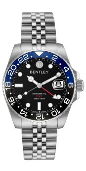 Bentley Sea God Warriors GMT Automatic Watch – Black Dial, Black & Blue Ceramic Bezel, Stainless Steel - BL2335-15MWBI-BN