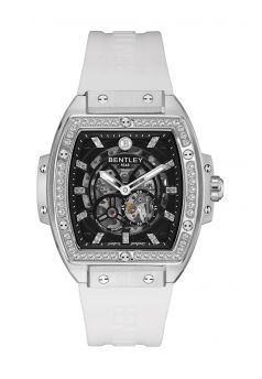 Bentley Dazzling Superstar Black Dial Diamond Automatic Watch with White Rubber Strap – Shine Brightly Edition