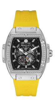 Bentley Dazzling Superstar Black Dial Diamond Automatic Watch with Yellow Rubber Strap – Shine Brightly Edition