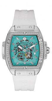 Bentley Dazzling Superstar Aqua blue Dial Diamond Automatic Watch with White Rubber Strap – Shine Brightly Edition