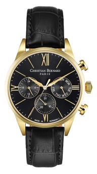 Christian Bernard Stylish Trendsetter Black Genuine Leather Strap Watch-CB022MKBB