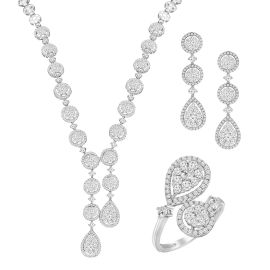  Coronet Pear & Round Cluster Diamond Necklace Set in 18K White Gold