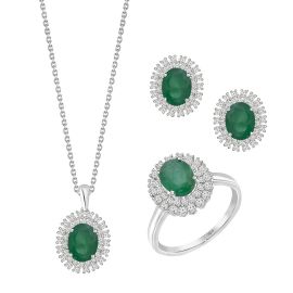 Diamond & Emerald Halo Pendant, Earrings & Ring Set in White Gold