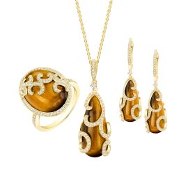 Tiger eye pendant set with diamond and gemstone in yellow gold