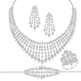Lifestyle Fine Jewelry Diamond Symphony Bridal Set in 18K white gold with necklace, earrings, bracelet, and ring.