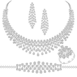 Lifestyle Fine Jewelry Eternal Glow Bridal Diamond Set in 18K white gold with necklace, earrings, bracelet, and ring.