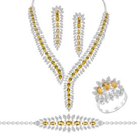 Lifestyle Fine Jewelry Sunfire Elegance Citrine & Diamond full set with necklace, earrings, bracelet, and ring crafted in gold with citrines and diamonds.