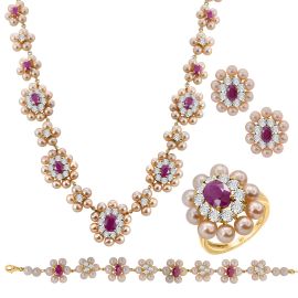 Luxury Diamond & Ruby Floral Jewelry Set for Women – Pearl Bordered Necklace Set 