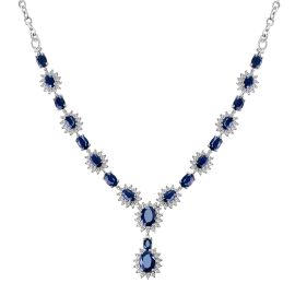 Diamond necklace with oval cut sapphires, each encircled by a halo of diamonds.