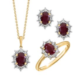 Oval Ruby Diamond Halo Set – 18 k Jewelry Set
