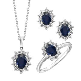 Oval Sapphire Diamond Halo Set – 18 K Jewelry Set