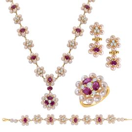 Ruby Pearl Blossom Diamond Necklace Set in 18K Yellow Gold