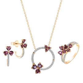 Tri-heart petal pink tourmaline diamond pendant set in yellow gold