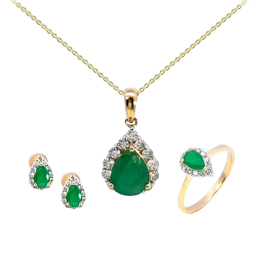 Order Pear Cut Emerald and Diamond Pendant Set in 14K